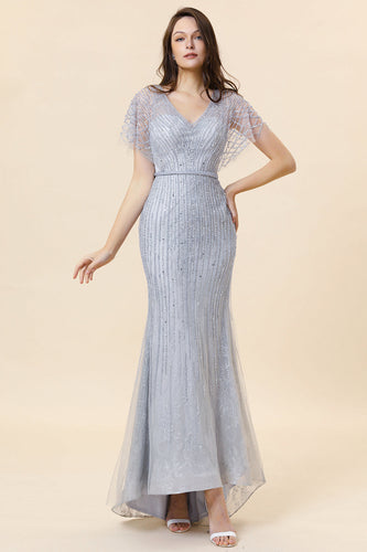 Sparkly Grey Mermaid Beaded Long Evening Dress