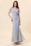 Sparkly Grey Mermaid Beaded Long Evening Dress