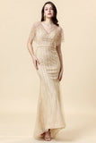 Mermaid V Neck Golden Beaded Long Formal Dress