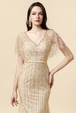 Mermaid V Neck Golden Beaded Long Formal Dress