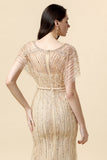 Mermaid V Neck Golden Beaded Long Formal Dress