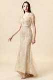 Mermaid V Neck Golden Beaded Long Formal Dress