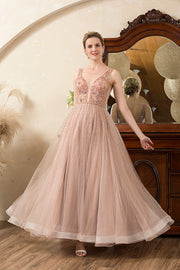 Blush Beaded A Line Sparkly Evening Dress