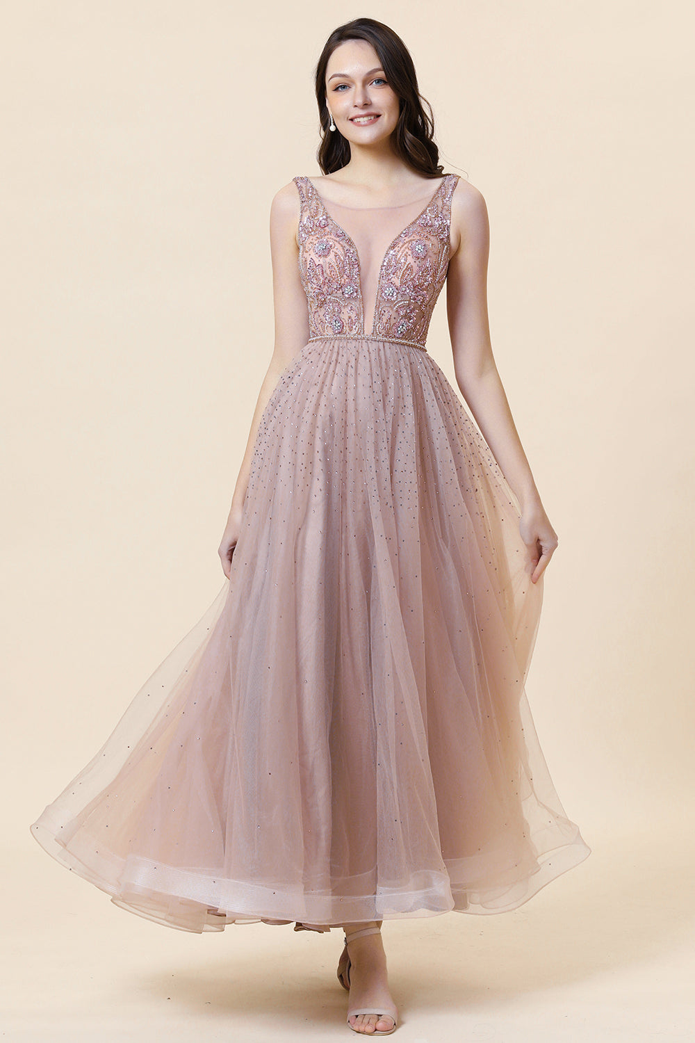 Sparkly Blush Beaded Long Tulle Prom Dress