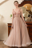 Blush Beaded A Line Sparkly Evening Dress