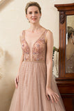 Blush Beaded A Line Sparkly Evening Dress