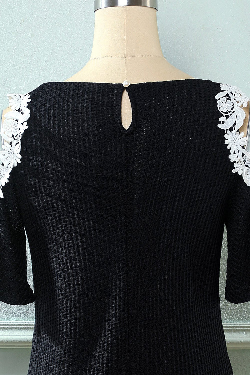 Load image into Gallery viewer, Black Cold Shoulder Knitted Dress with Appliques