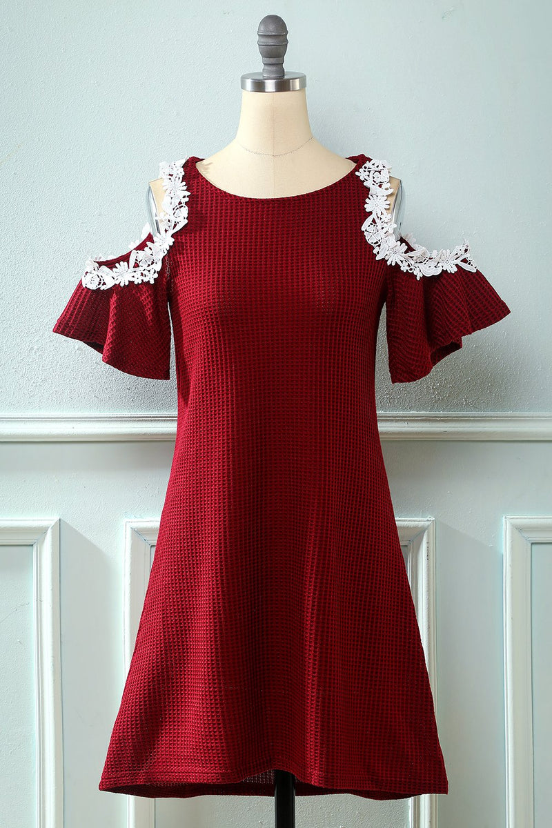 Load image into Gallery viewer, Dark Red Off the Shoulder Knitted Dress with Appliques