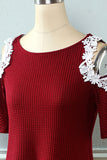 Dark Red Off the Shoulder Knitted Dress with Appliques