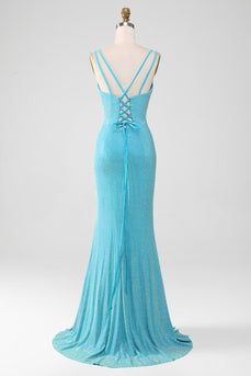 Sparkly Turquoise Mermaid Spaghetti Straps Long Prom Dress With Beading