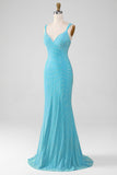 Sparkly Turquoise Mermaid Spaghetti Straps Long Prom Dress With Beading