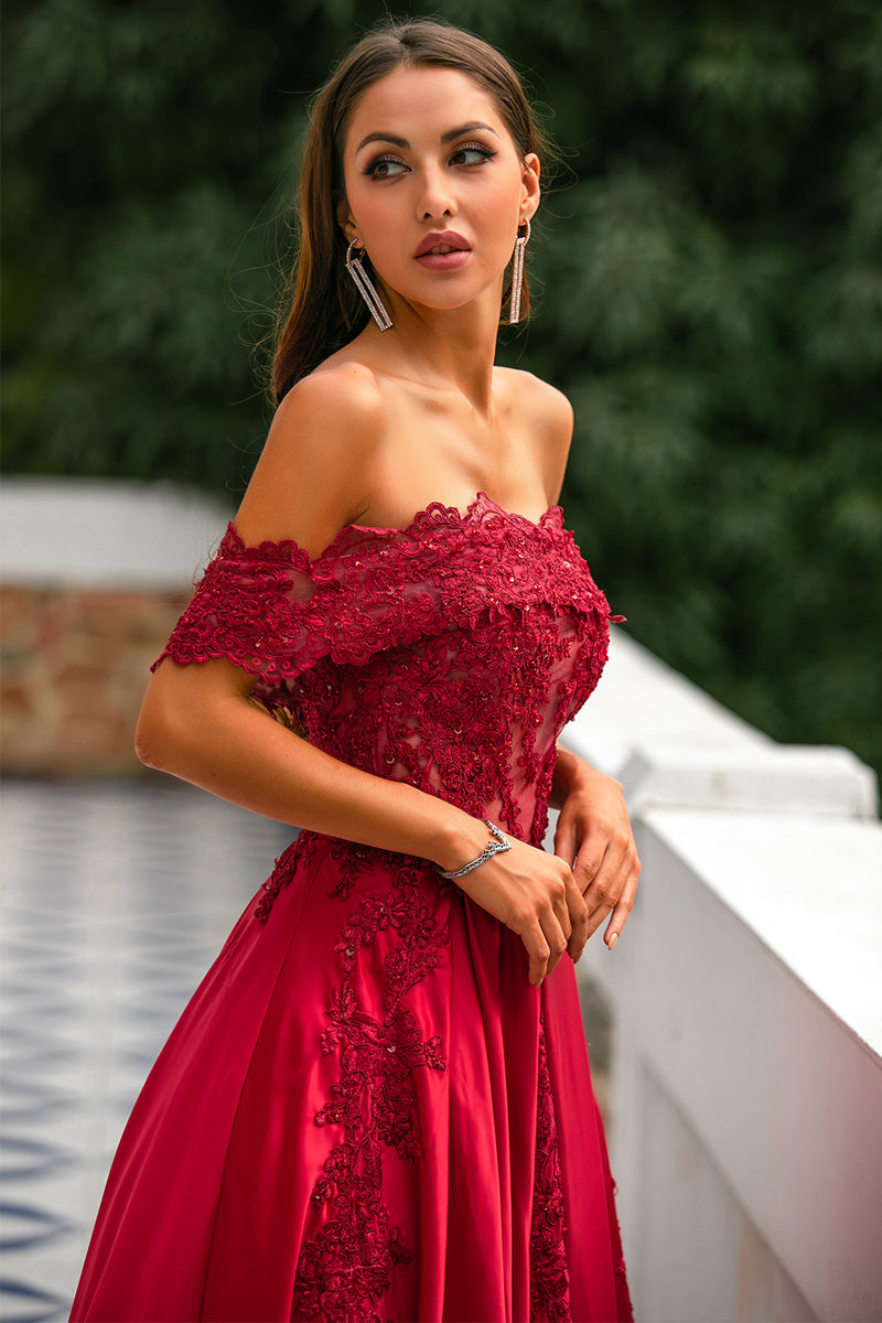 Zapaka Prom Dress Dark Red Off the Shoulder Sleeveless Long Formal Dress  With Appliques Beading – Zapaka CA