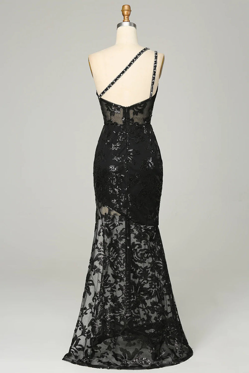 Load image into Gallery viewer, Sheath One Shoulder Backless Black Lace Long Prom Dress