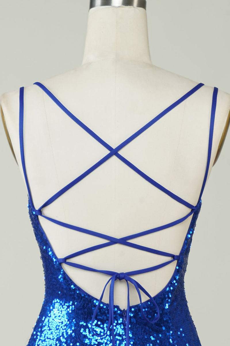 Load image into Gallery viewer, Royal Blue Tight Sequins Backless Graduation Dress