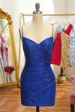 Blue Sequins Tight Backless Short Graduation Dress