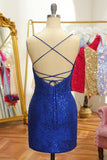 Blue Sequins Tight Backless Short Graduation Dress