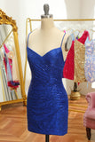 Blue Sequins Tight Backless Short Graduation Dress