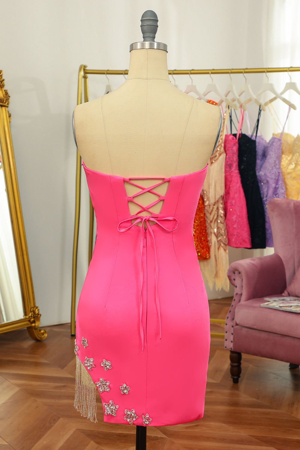 Pink Tight Graduation Dress with Star and Fringes