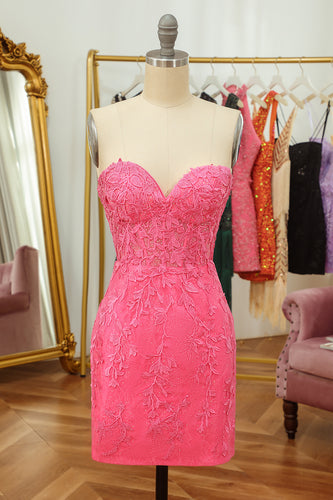 Tight Pink Short Cocktail Dress with Appliques