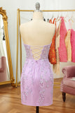 Tight Pink Short Cocktail Dress with Appliques