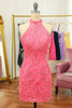 Load image into Gallery viewer, Pink Open Back Halter Lace Tight Graduation Dress