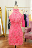 Pink Open Back Halter Lace Tight Graduation Dress