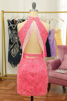 Pink Open Back Halter Lace Tight Graduation Dress
