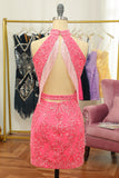 Pink Open Back Halter Lace Tight Graduation Dress