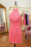 Pink Open Back Halter Lace Tight Graduation Dress