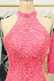 Pink Open Back Halter Lace Tight Graduation Dress