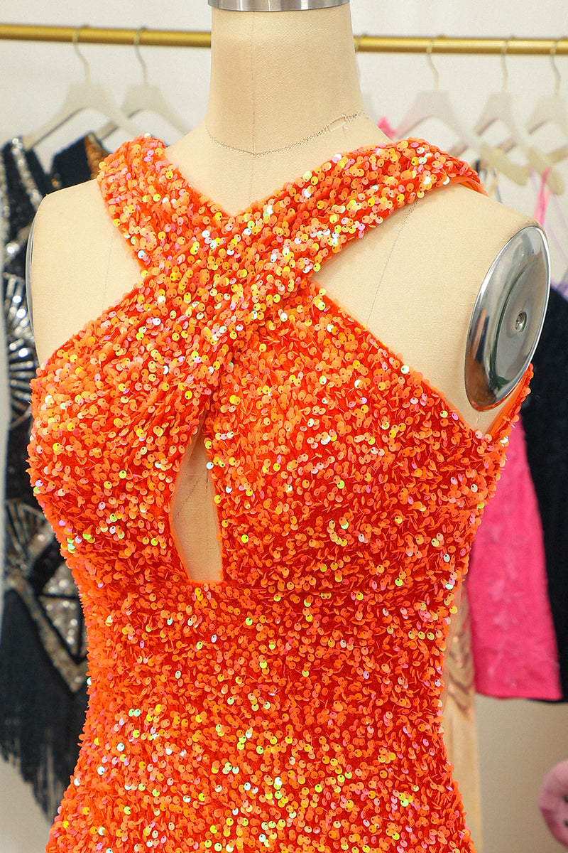 Load image into Gallery viewer, Glitter Red Halter Backless Sequins Tight Graduation Dress