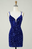 Sheath Royal Blue Sequins Short Graduation Dress with Criss Cross Back