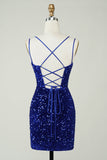 Sheath Royal Blue Sequins Short Graduation Dress with Criss Cross Back