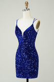 Sheath Royal Blue Sequins Short Graduation Dress with Criss Cross Back