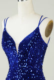 Sheath Royal Blue Sequins Short Graduation Dress with Criss Cross Back