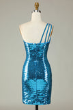 Glitter Royal Blue One Shoulder Sequins Tight Hoco Dress