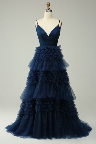 A Line Spaghetti Straps Navy Long Prom Dress with Ruffles