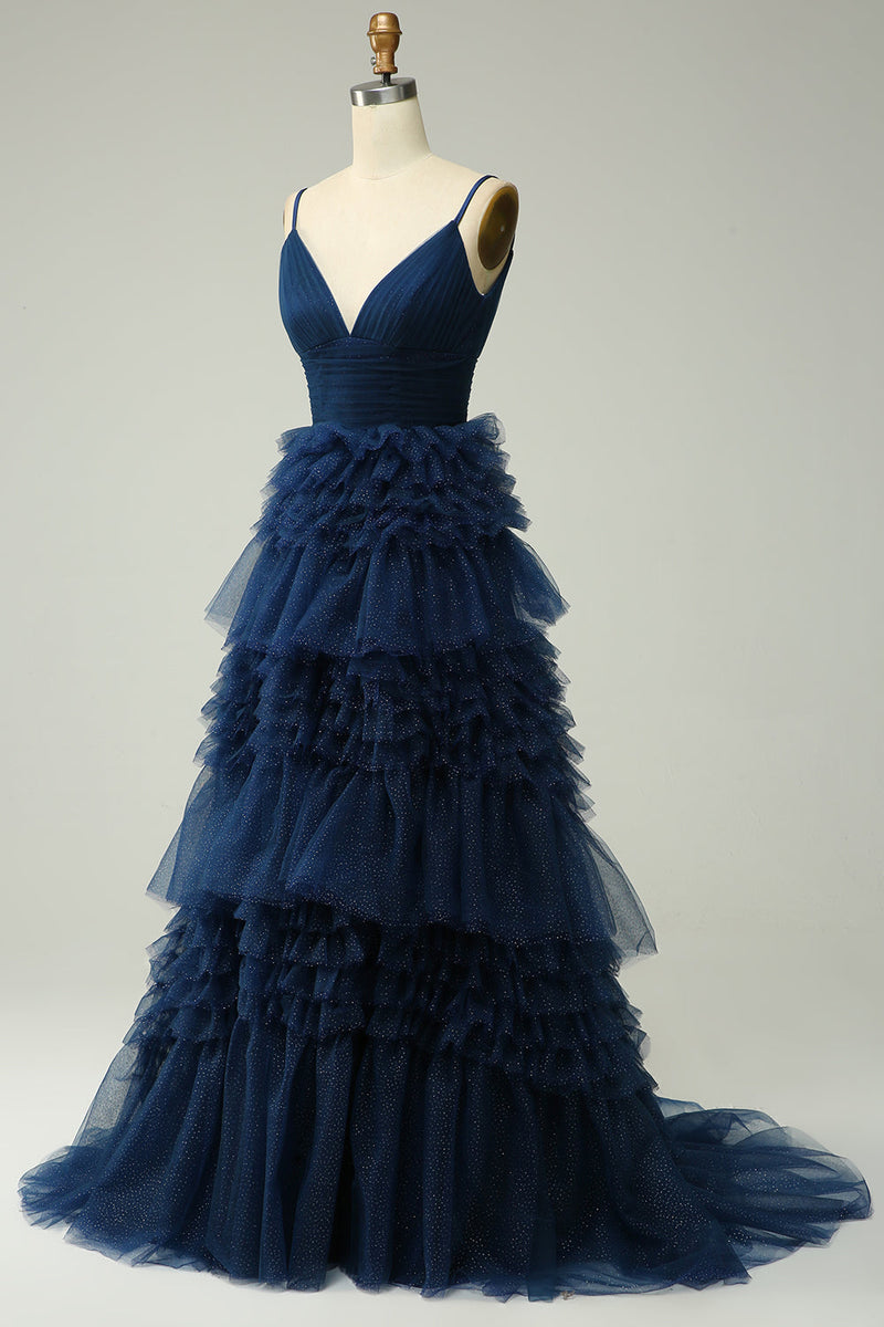 Load image into Gallery viewer, A Line Spaghetti Straps Navy Long Prom Dress with Ruffles