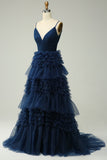 A Line Spaghetti Straps Navy Long Prom Dress with Ruffles