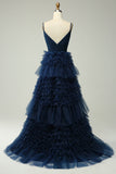 A Line Spaghetti Straps Navy Long Prom Dress with Ruffles