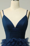 A Line Spaghetti Straps Navy Long Prom Dress with Ruffles