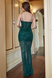 Sheath Spaghetti Straps Dark Green Sequins Prom Dress with Split Front