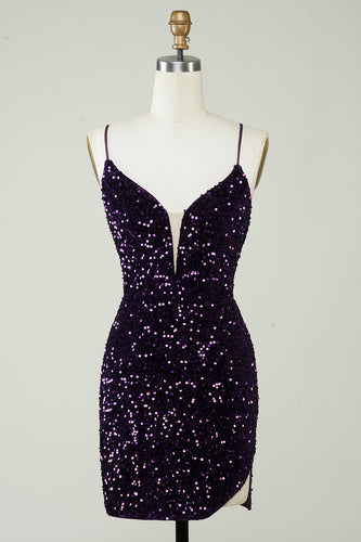 Sparkly Purple Sequins Backless Tight Short Graduation Dress with Slit