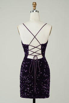Sparkly Purple Sequins Backless Tight Short Graduation Dress with Slit