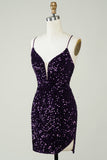 Sparkly Purple Sequins Backless Tight Short Graduation Dress with Slit