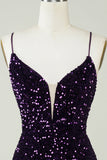 Sparkly Purple Sequins Backless Tight Short Graduation Dress with Slit