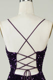 Sparkly Purple Sequins Backless Tight Short Graduation Dress with Slit