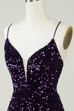 Sparkly Purple Sequins Backless Tight Short Graduation Dress with Slit