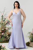 Mermaid Spaghetti Straps Lilac Plus Size Prom Dress with Criss Cross Back