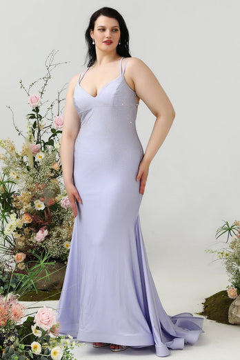 Mermaid Spaghetti Straps Lilac Plus Size Prom Dress with Criss Cross Back